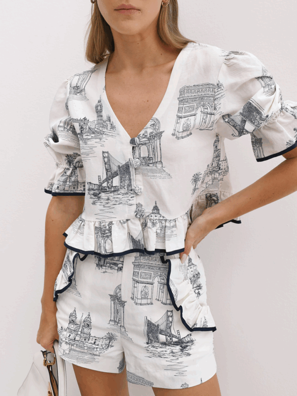 City Print Frill Shorts | White - Image 3