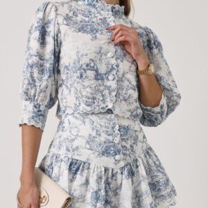 Printed Scallop Trim Blouse | White & Blue