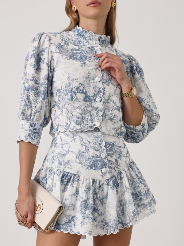 Printed Scallop Trim Blouse | White & Blue