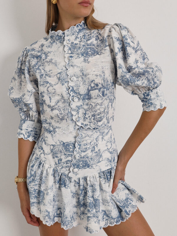 Printed Scallop Trim Blouse | White & Blue - Image 3