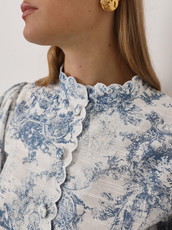 Printed Scallop Trim Blouse | White & Blue - Image 2